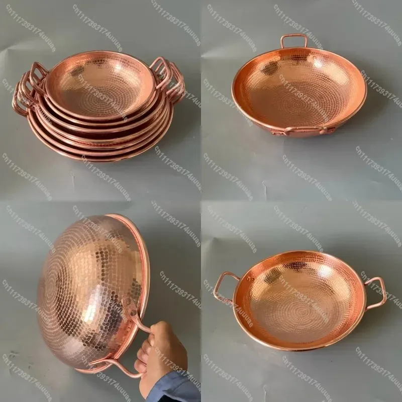 Hand Forged Thickened Pure Copper Wok Dual Handle Multi Function Stir Fry Hot Pot Stew Cooking Pan for Kitchen Use