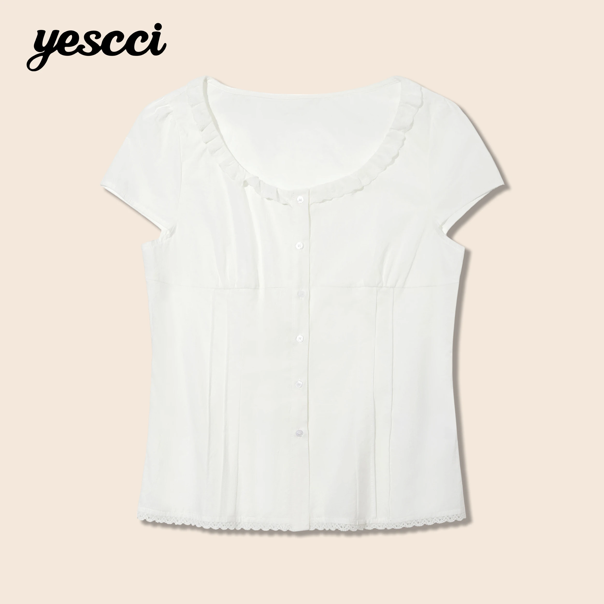 Chemisier pour femme YESCCI, nouvelle collection été 2026, col rond à volants, blanc, manches courtes, coupe ample et légère, S56411205