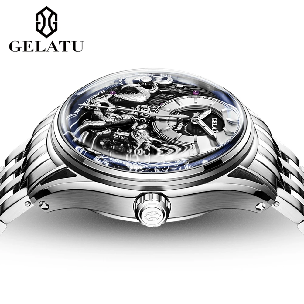 GELATU 6018 Hollow Dragon Mechanical Watch For Men Luxury Deep Waterproof Business Hand Clock Synthetic Sapphire Mirror Watches