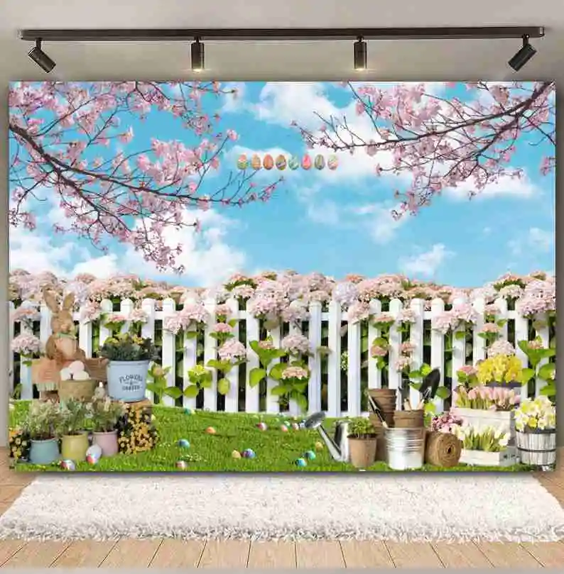 Spring Easter Backdrops Easter Colorful Eggs Bunny Green Grass Garden Flower Rabbit Baby Portrait Photography Background Decor