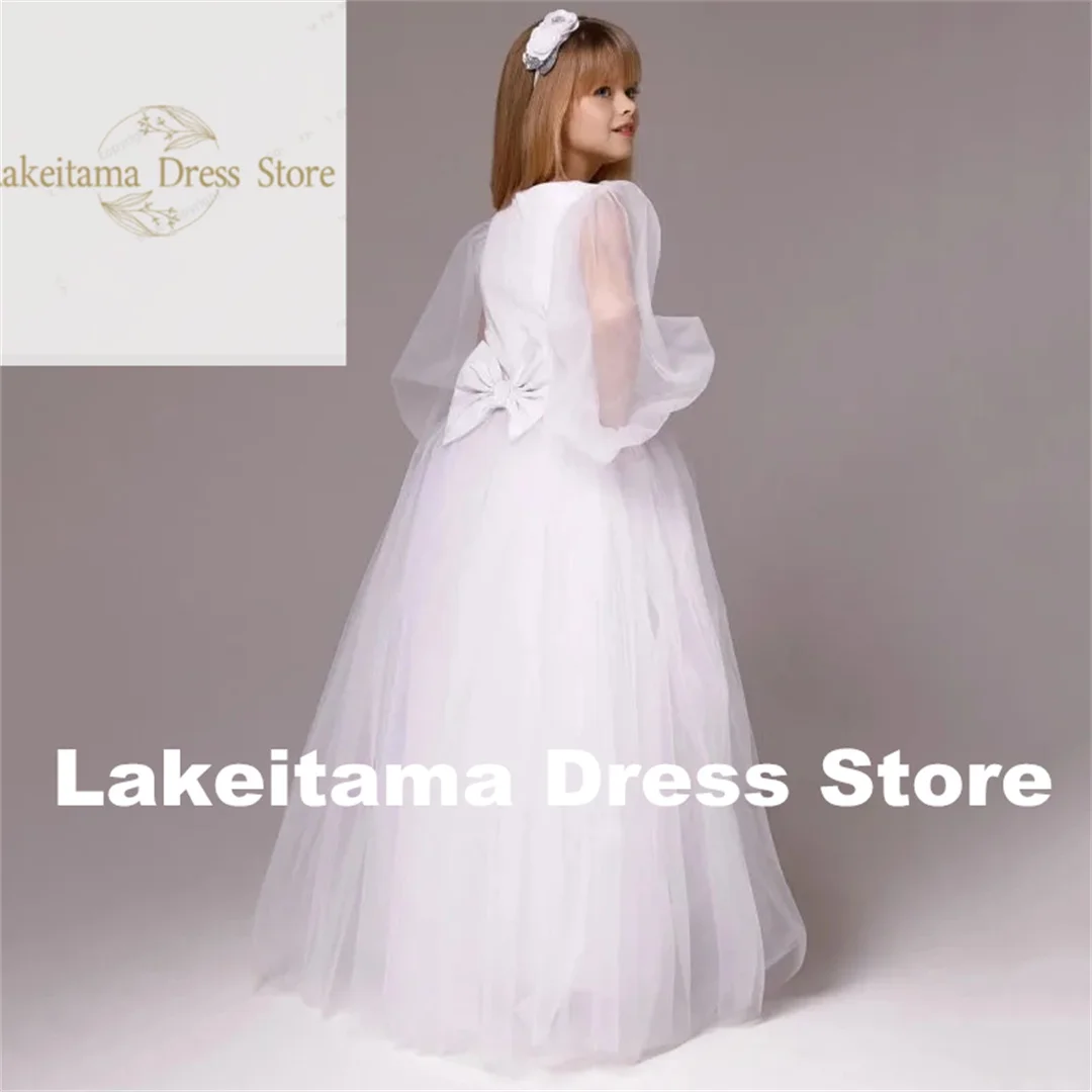 Customization Flower Girl Dresses Tulle With Bow Long Sleeve For Wedding Birthday Party Prom Banquet Holy Communion Gowns