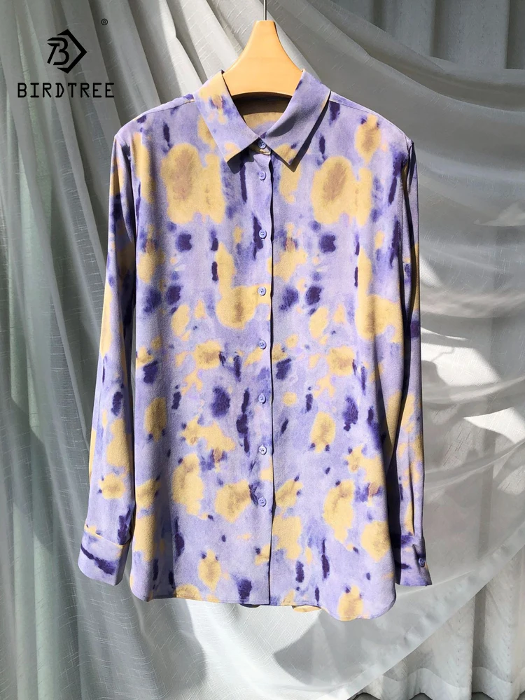 

BirdTree-17MM 100% Silk Elegant Shirt, Turn-down Collar Print, Women French Retro Temperament Blouse, 2025 Autumn New T5O531CC