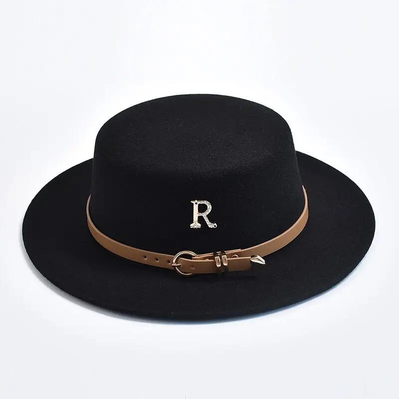 Women\'s Flat Top Bowler Hat Metal R Letter Leather Buckle Strap Vintage Bowler Hat Solid Color Elegant Women\'s Hat