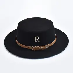 Women's Flat Top Bowler Hat Metal R Letter Leather Buckle Strap Vintage Bowler Hat Solid Color Elegant Women's Hat