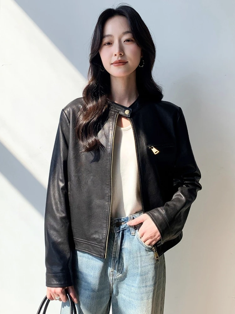 Giacche da moto casual corte in vera pelle da donna primavera autunno colletto alla coreana semplice di fascia alta morbido cappotto in vera pelle di pecora nera