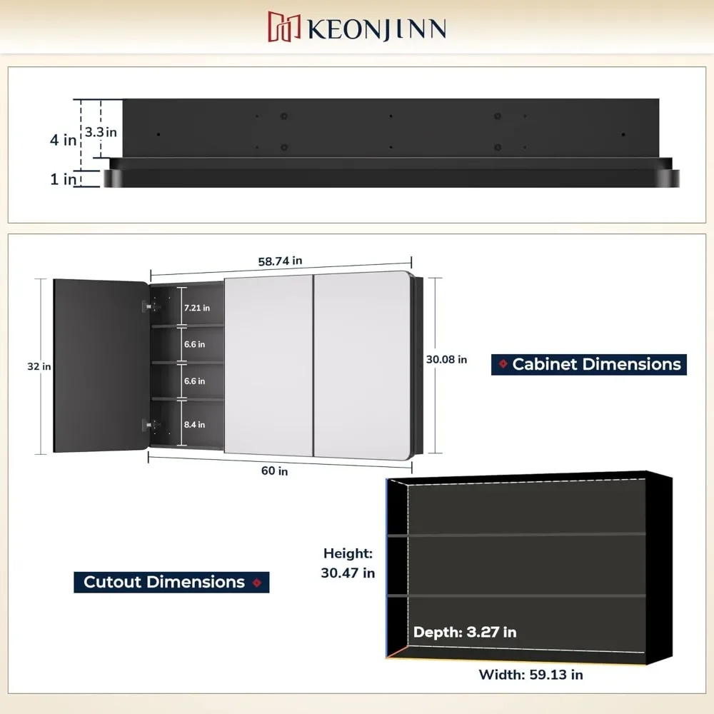 60 X 32 Inch Medicine Cabinets for Bathroom with Mirror Adjustable Shelves 3 Framed Doors Soft Closing Hinge Recessed Mirror