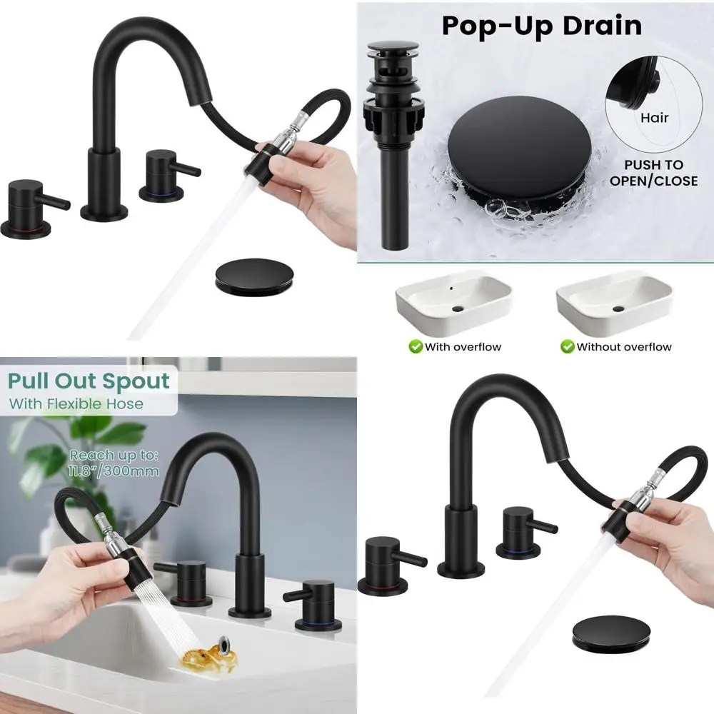 

8 Pull-Down Matte Black 3-Hole Bathroom Faucet with Dual Spray Modes and Pop-Up Drain