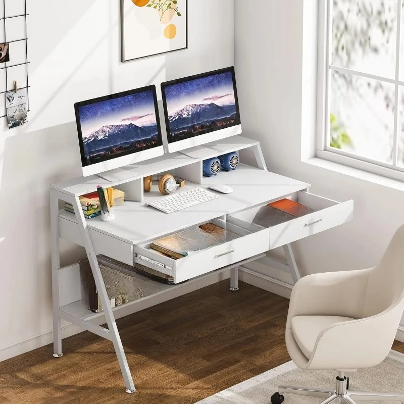 Computer Desk with Storage Shelf, 47Inch Modern Office Writing Study Table with Monitor Stand Riser for Home Office