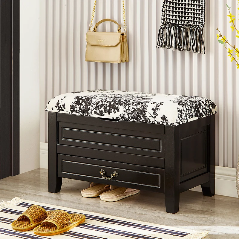 Mid-style solid wood flap shoe changing stool for home door entrance shoe cabinet can sit on black French shoe stool