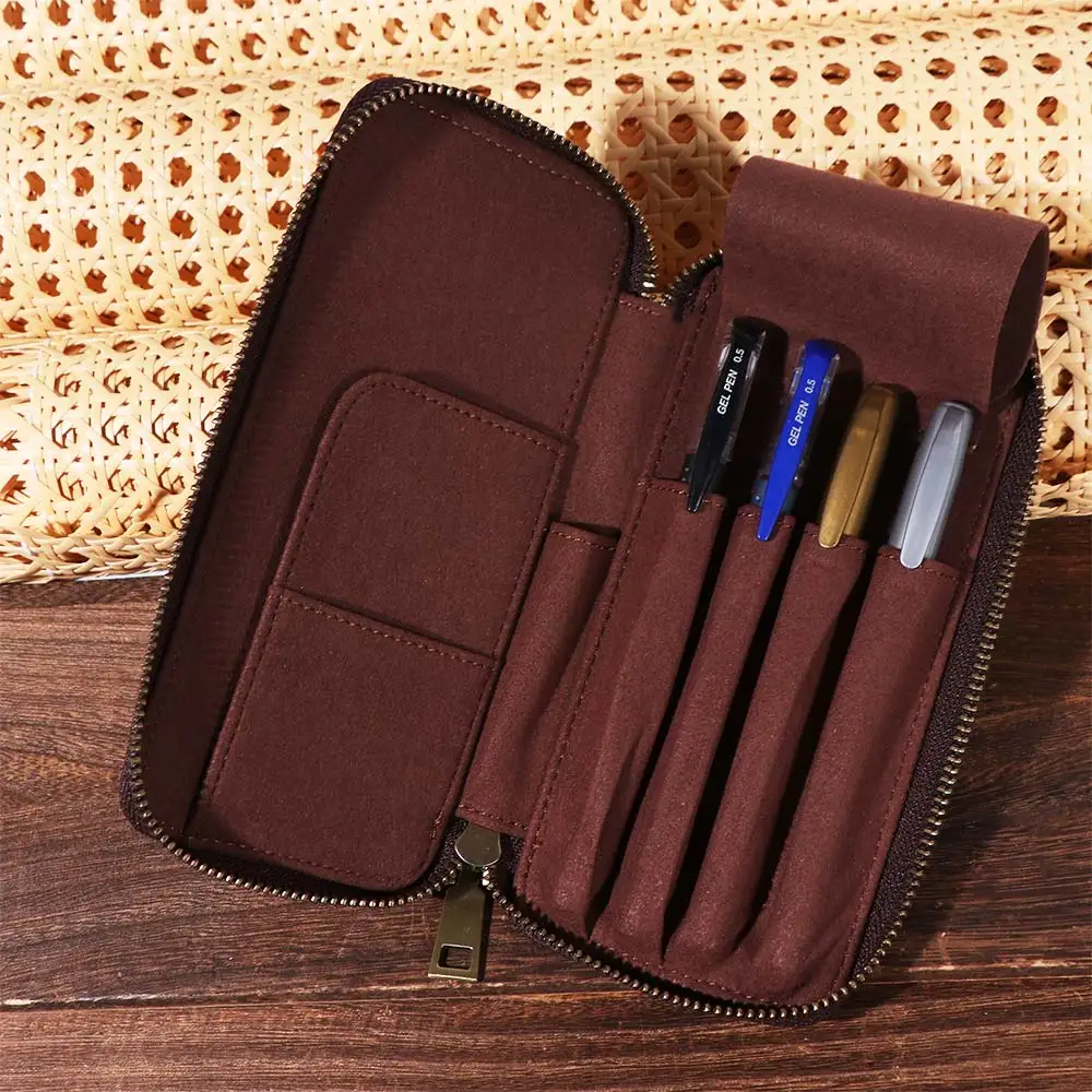 Handmade Leather Genuine Leather Pencil Case 4 Slots Design Crazy Horse Leather Pen Case Vintage Style Pencil Organizer Bag