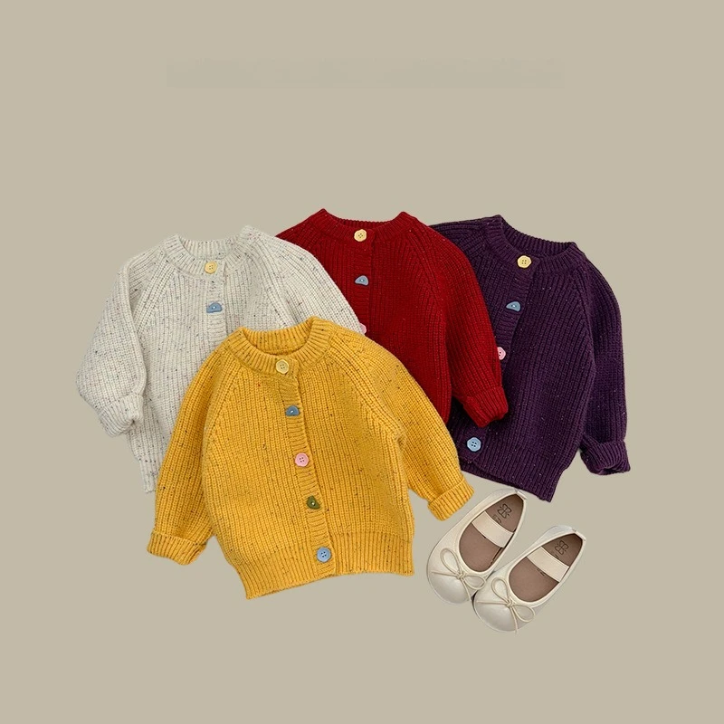 Children's colored dot thick thread knitted cardigan baby girls spring and autumn colored button sweater soft and sticky top