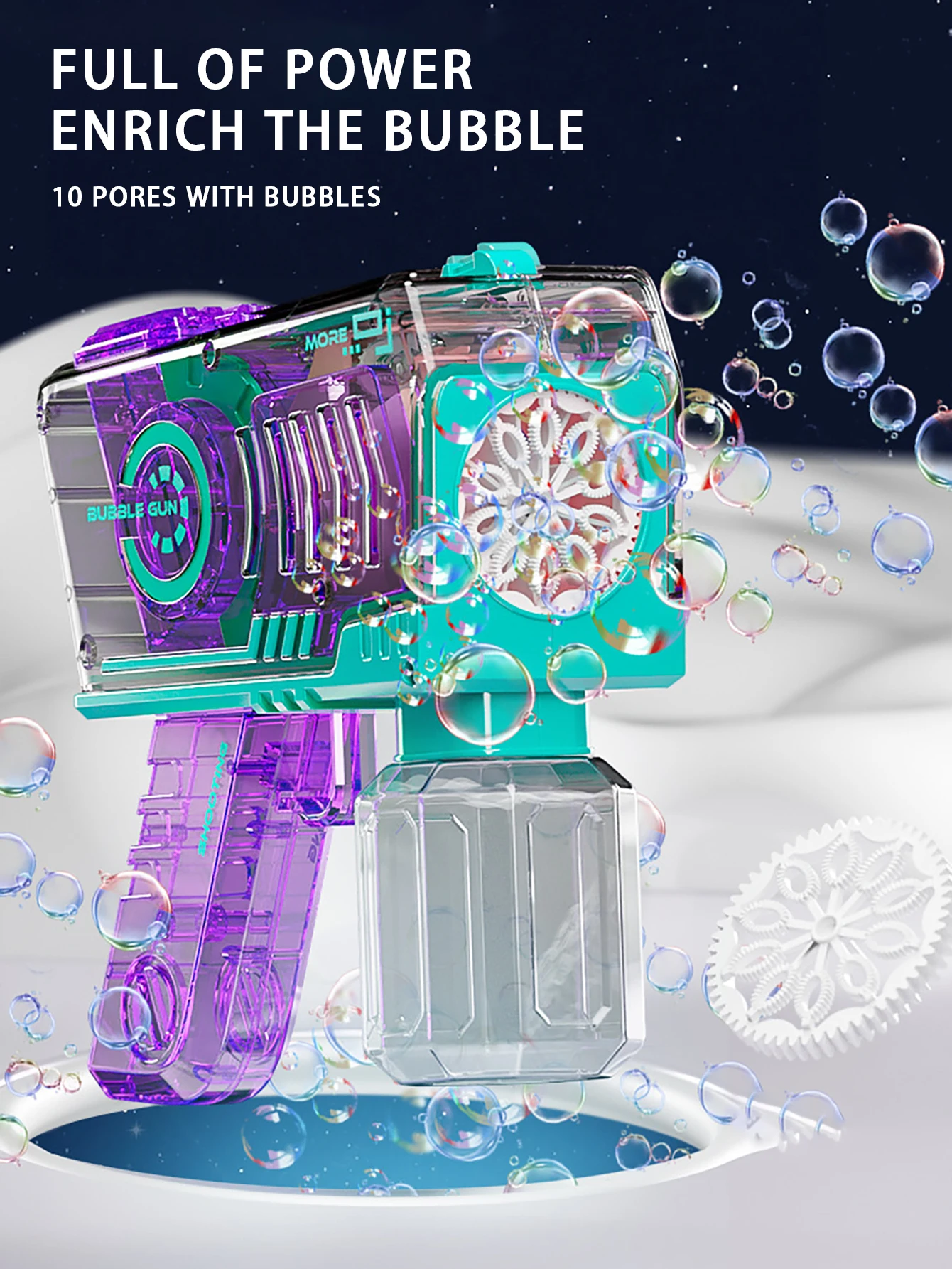 لعبة مسدس الفقاعات الأوتوماتيكية للأطفال مع إضاءة رائعة، 10 فتحات للفقاعات، يمكن أن تنجله أكثر من 10000 فقاعات في الدقيقة #6