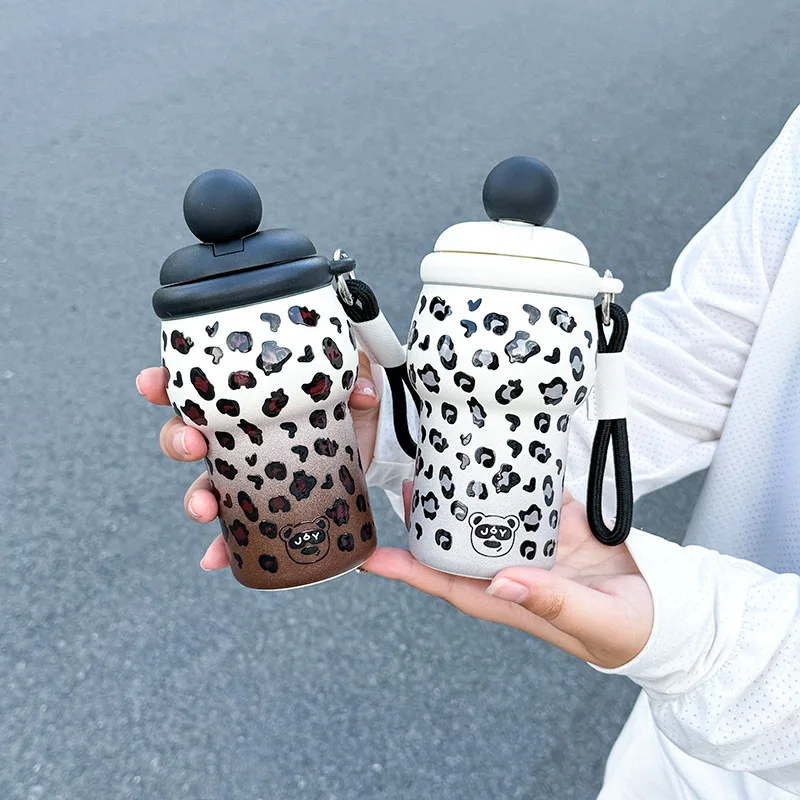 1pc Fashion Leopard Print Insulated Water Bottle, 350ml Portable Easy-to-Clean Stainless Steel Tumbler with Hand Strap