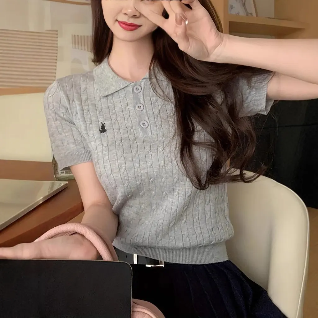 

Korean Style Women's Summer Polo Collar Shirt Embroidered Rabbit Twist Knitted Short Sleeve Loose Slimming Base Top