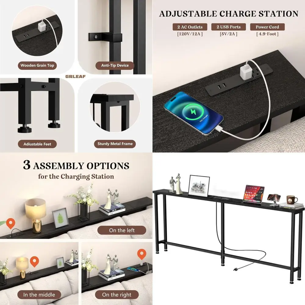 

Узкий консольный столик 63 см с розетками и USB-портами, металлический каркас, простая сборка, идеально подходит для гостиных и офисов