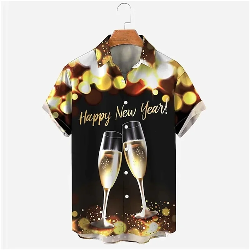 

2025 Happy New Year Hawaii Shirts For Men Women All Over Print Short Sleeve Button Up Shirts Blouse Mens Casual Plus Size Tshirt