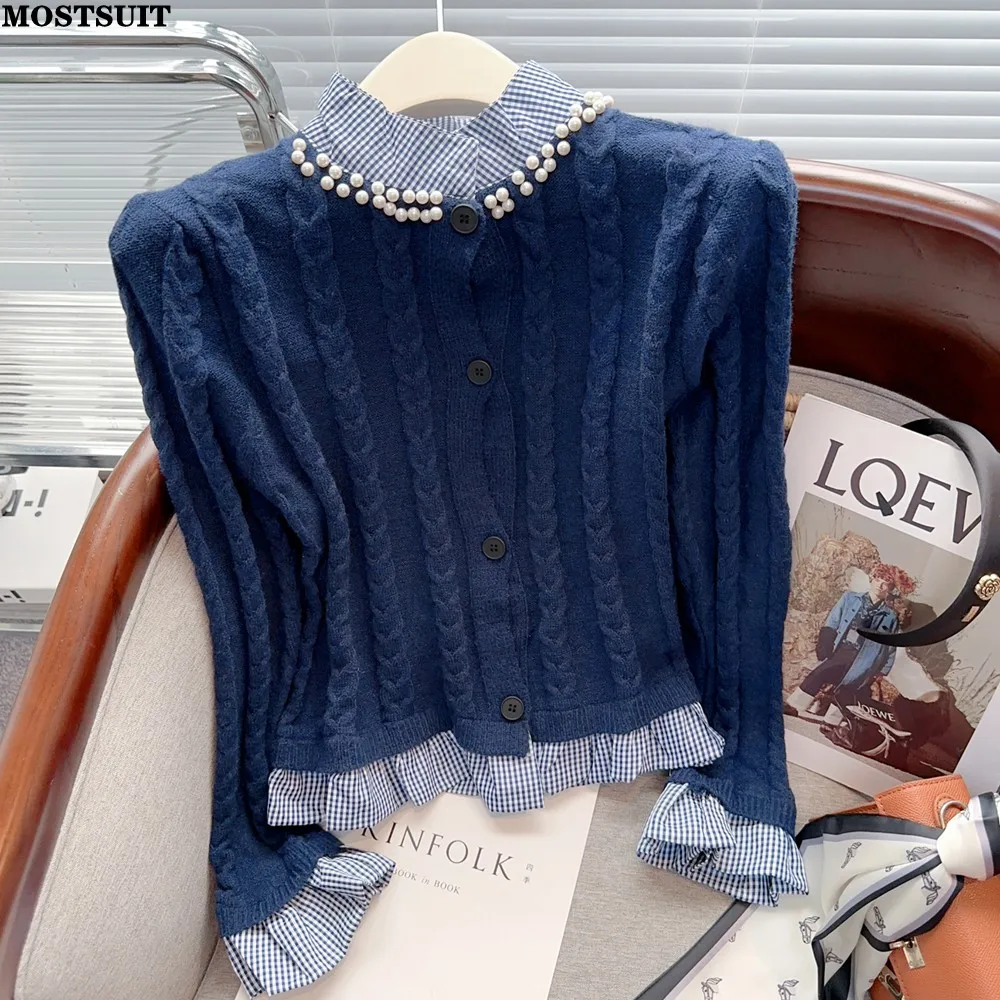 

Pearl Beaded Twisted Knit Cardigan Sweater Women Fake Two Pieces Spliced Vintage Stylish Tops Long Sleeve Single-breasted Jumper