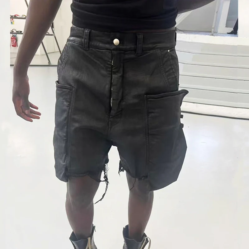 

Мужские повседневные шорты High Street, брюки с вощеным дизайном для мужчин, джинсы Owens на пуговицах, черные однотонные брюки, мужская одежда