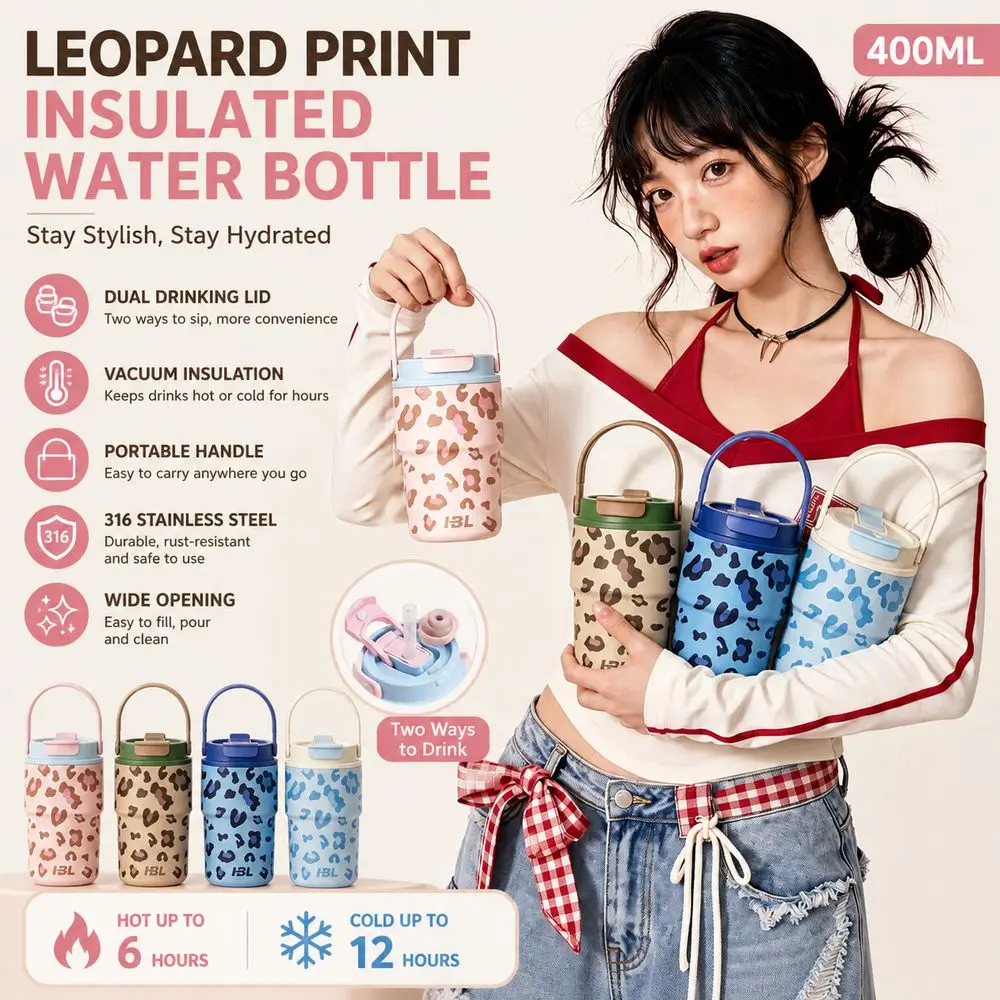 Stainless Steel Insulated Water Bottle Leopard Print Carry Handle Thermal Water Bottle Dual Drinking Lid 400ML
