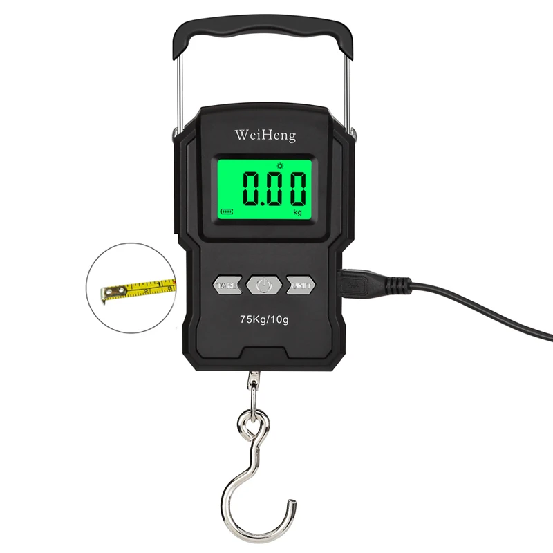 

Black Electronic Weighing Digital Scale Rechargeable LCD 75Kg 10g Luggage Scale Hanging Hook Fishing Scale with Measuring Tape