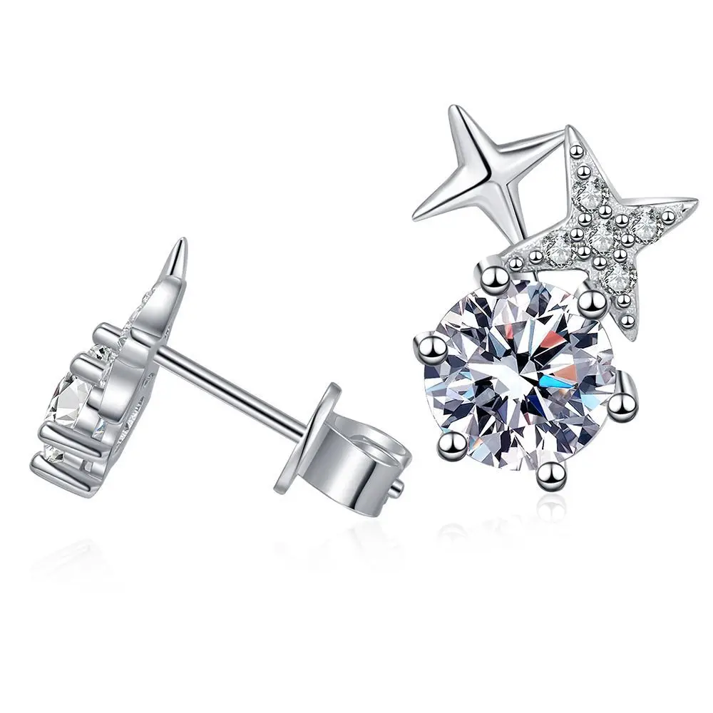 Platinum PT950 18K Gold Moissanite Women's Simple Six Claw Korean Version Eight Pointed Star Earrings 1 Carat D Color Moissanite