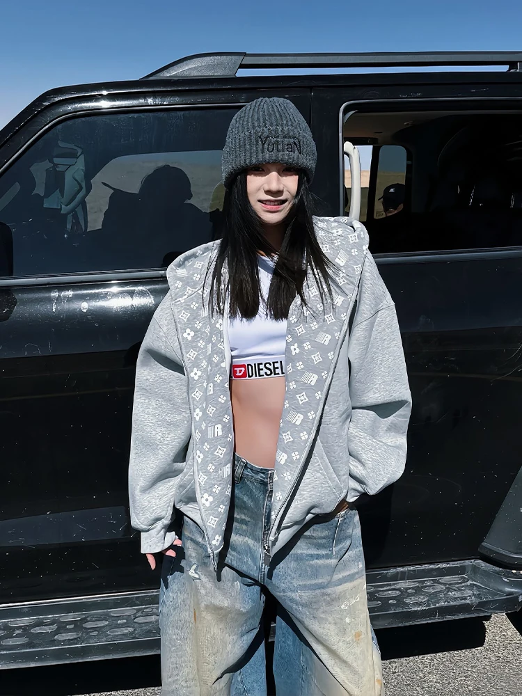 

Yue Tian Er Открытый кардиган с принтом, толстовка с капюшоном, женская осенняя американская тяжелая свободная куртка на молнии для пары