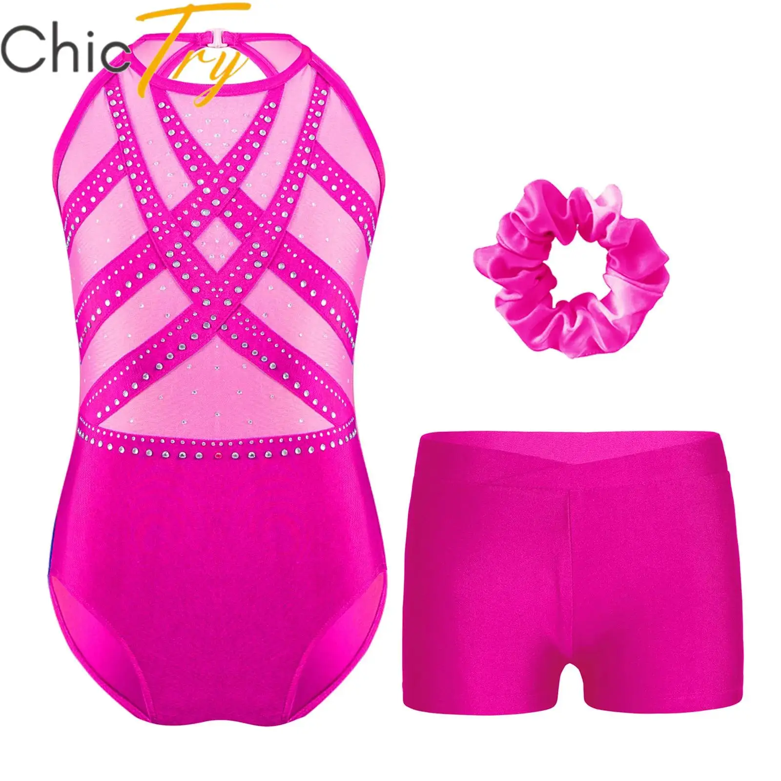 Ballet Gymnastics Sets for Kids Girls Sports Workout Fitness Outfits Sleeveless Keyhole Back Bodysuit with Shorts Headwear Suit