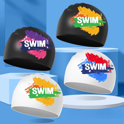 Imagen 2 del producto Gorros de natación estampados para hombres y mujeres, gorro de natación de silicona de talla grande, protección para los oídos de pelo largo, gorros de natación para adultos, accesorios de piscina
