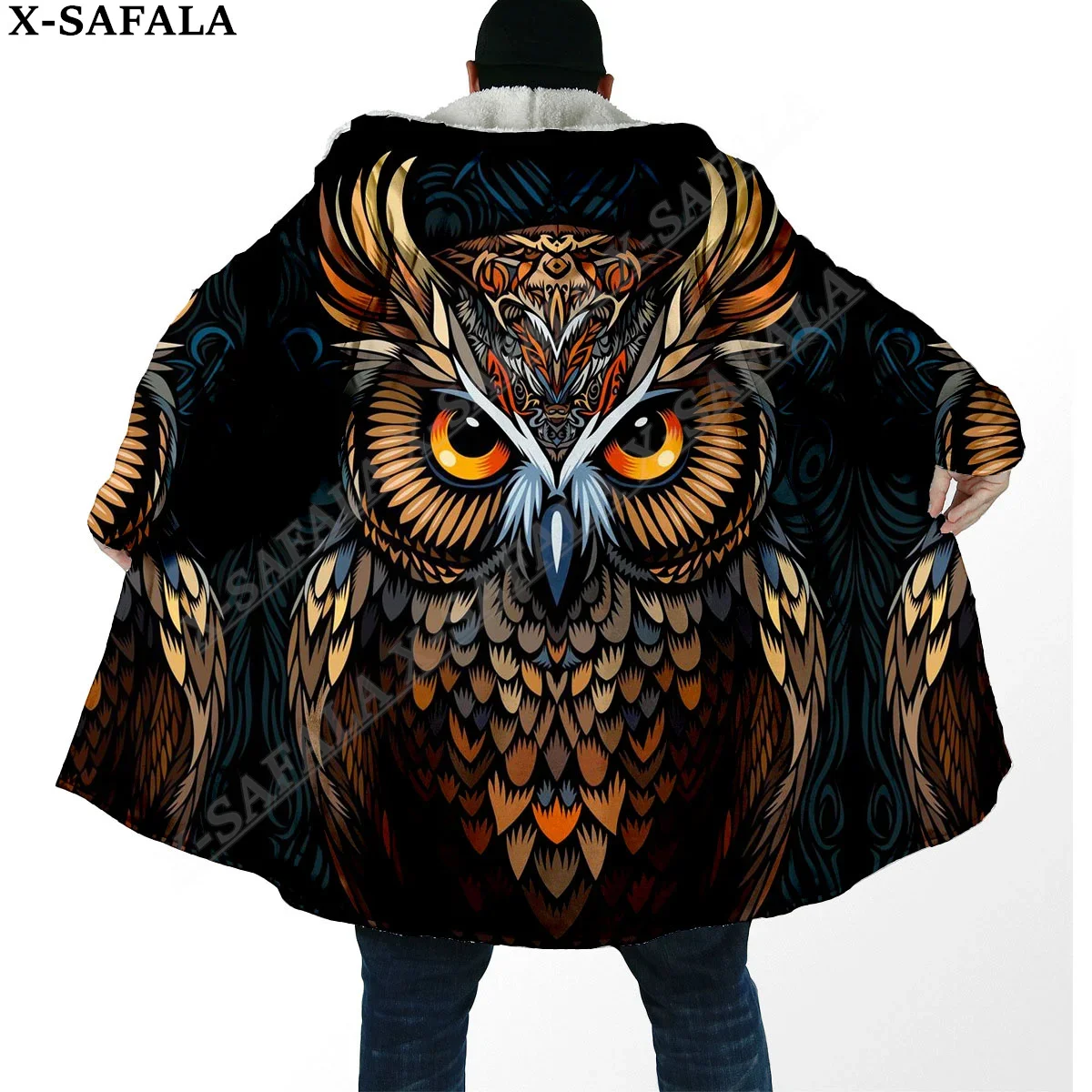 Psychedelic Trippy Dark Owl Overcoat Coat 3D Print Thick Warm Hooded Cloak Men Windproof Fleece Unisex-1