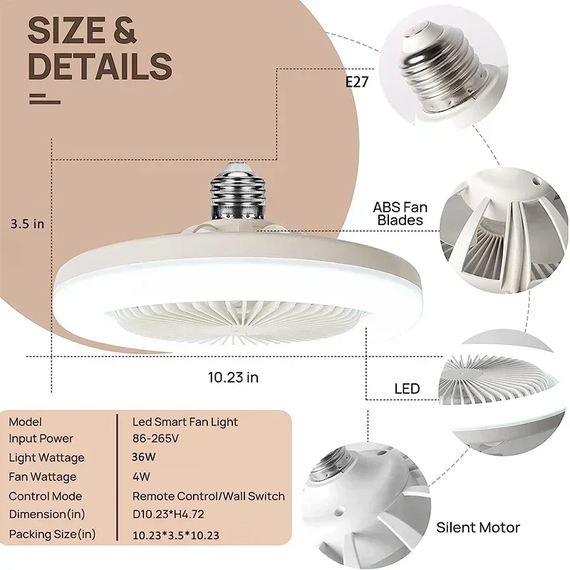 Ventilateur de plafond 3 en 1 avec lampe d'éclairage, Base de convertisseur E27 avec télécommande pour chambre à coucher, salon, maison, Ac85-265v silencieux