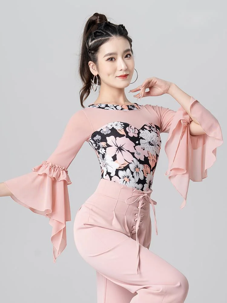 

Modern Dance Top Women's New National Standard Dance Latin dance Ballroom Dance Waltz Lotus Leaf Long Sleeve Bodysuit Training