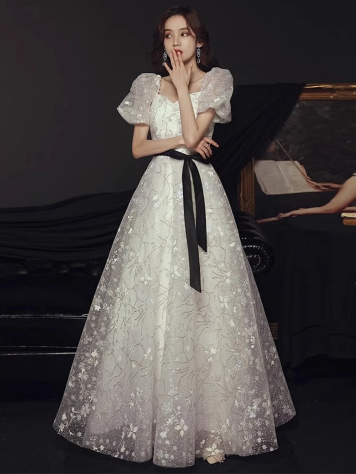 

Ele White Evening Gown for 8th Birthday Adult Ceremony Princ Dr Student Art Exam Performance Host Long Skirt