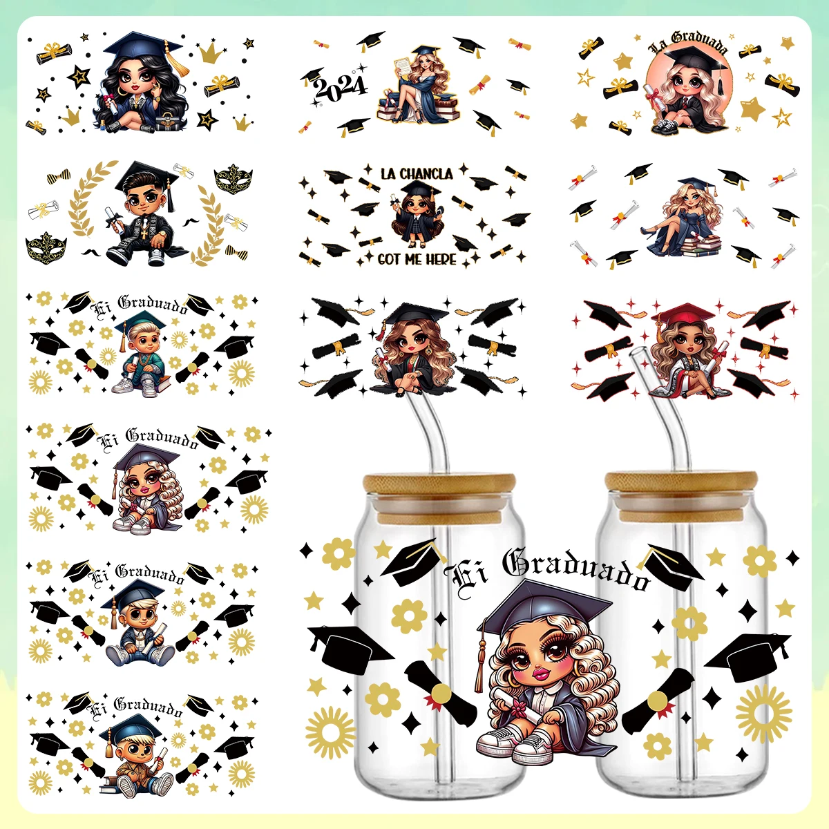 16oz 9.45*4.33in Graduation DTF Transfer Sticker For 16 OZ Glass Can Wrap, 3d Crystal Label Waterproof And Scratch Resistant