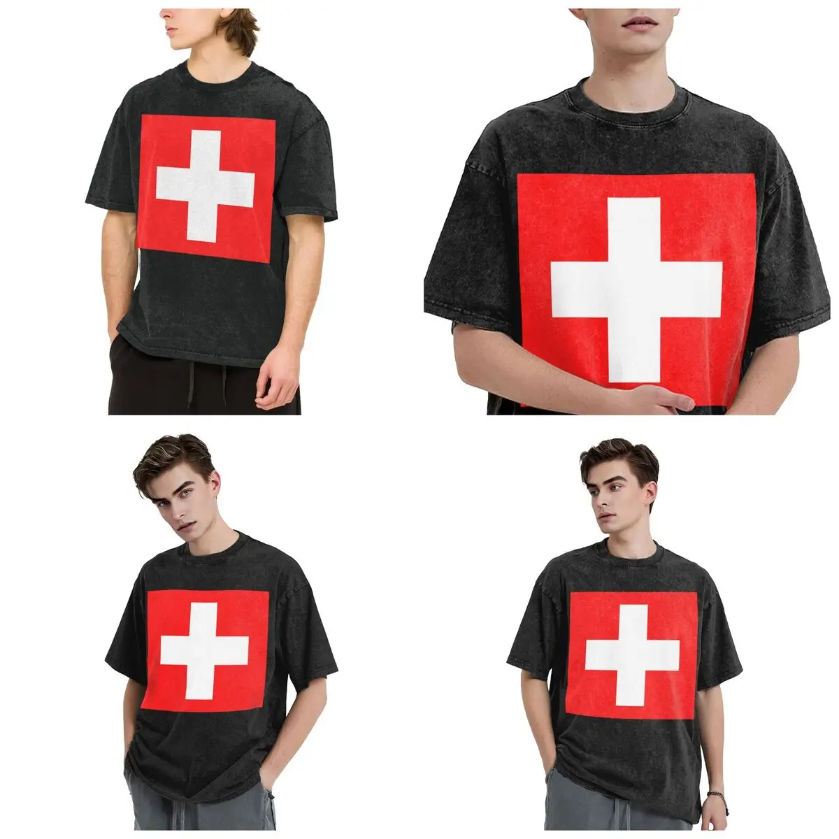 Swiss Switzerland Flag Hip Hop Short Sleeve T-Shirts Washed Tops Tees Streetwear T Shirt Harajuku for Men Women