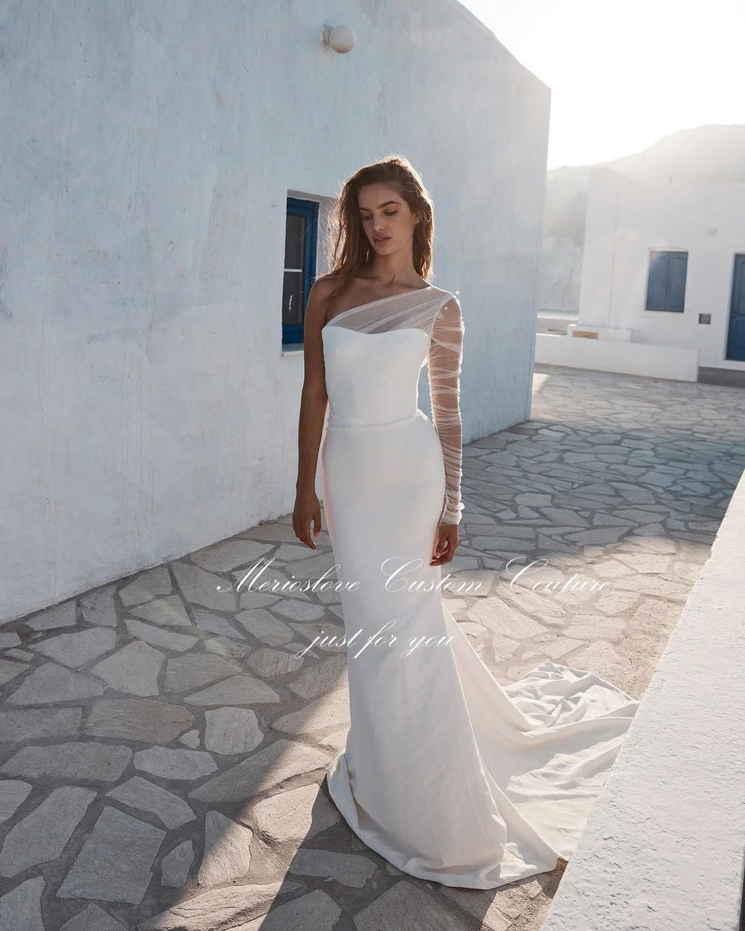 Merioslove Simple Crepe Mermaid Wedding Dresses One Shoulder Beach Bride Dress Minimalist Bridal Gowns 2024