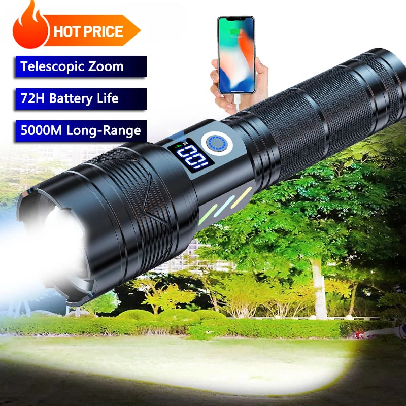 

Powerful Led Flashlight 60W Long Shot Camping Lantern Zoomable Spotlight Type-C Rechargeable 26650 Torch Outdoor USB Output Lamp