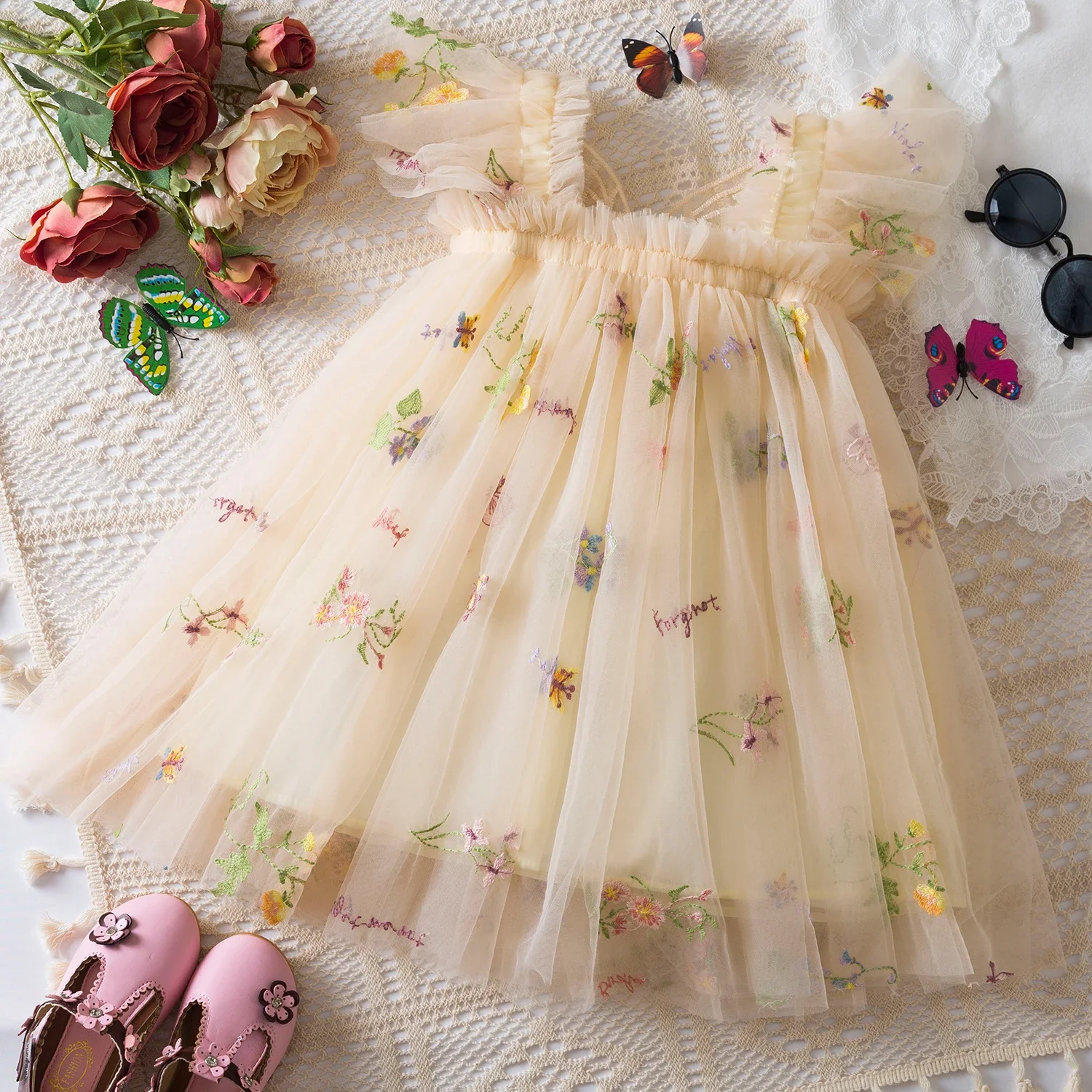 6M-5Y Summer Toddler Kid Baby Girls Tulle Dress Sweet Embroidery Flower Princess Dress for Girls Party Beach Holiday Clothing