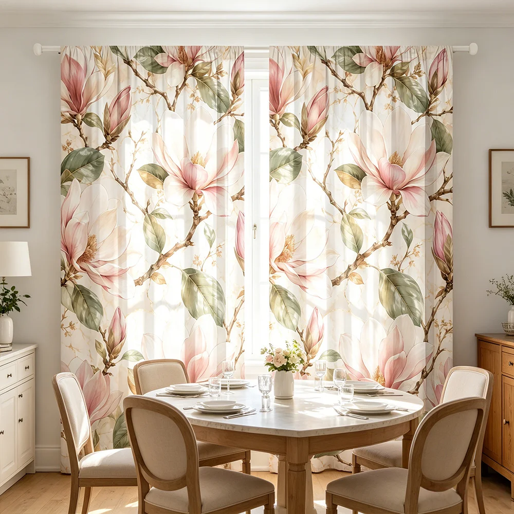 2PCS Beige Magnolia Flower Curtains, Elegant Floral Print, Botanical Window Drapes for Living Room Bedroom Decor