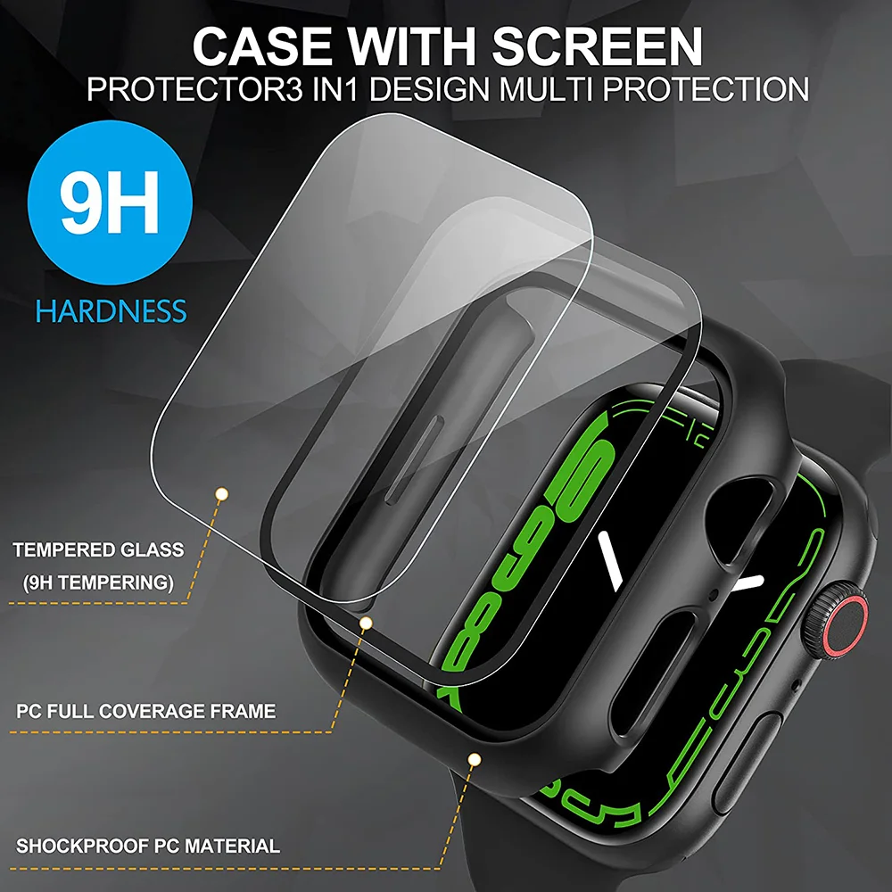 Tempered Glass+Cover for Apple Watch 9 8 7 45mm 41mm PC Bumper Screen Protector Case iWatch Series 6