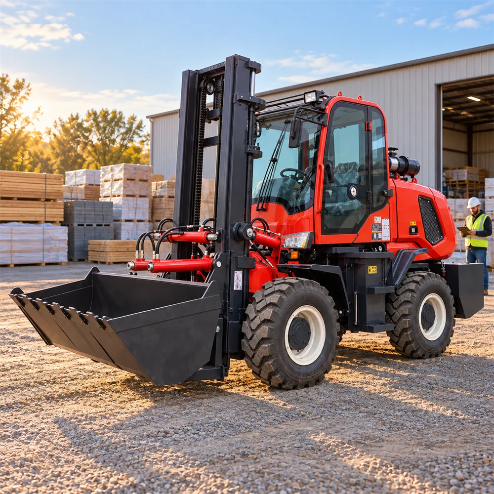 Heavy Duty Rough Terrain Forklift 3500kg with 4x4 Drive Front Loader Bucket for Jobsite Farm and Warehouse Yard Use