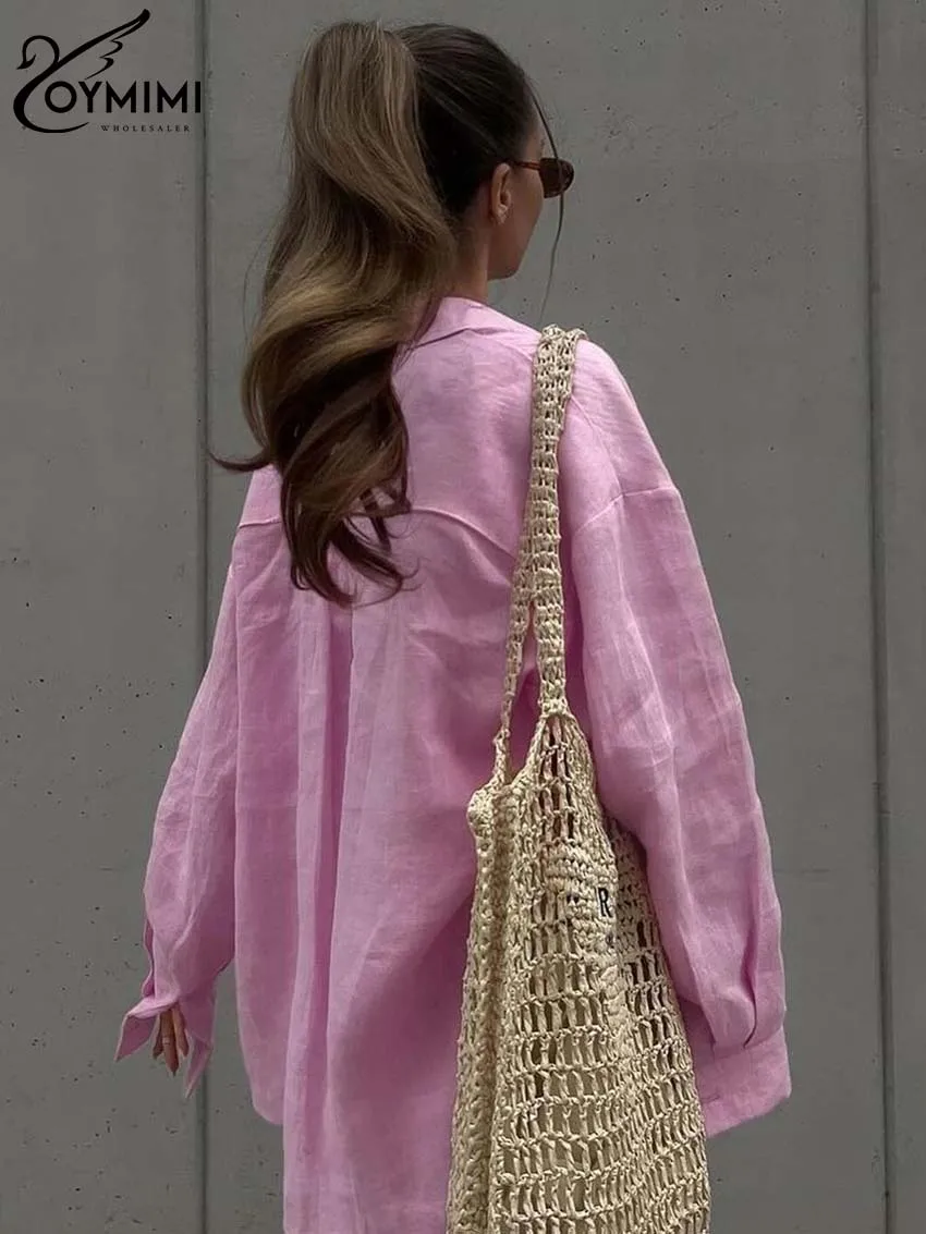 Oymimi-Conjunto de 2 piezas de algodón y cáñamo para mujer, elegante camisa de manga larga con botones y pantalones cortos simples de cintura alta,