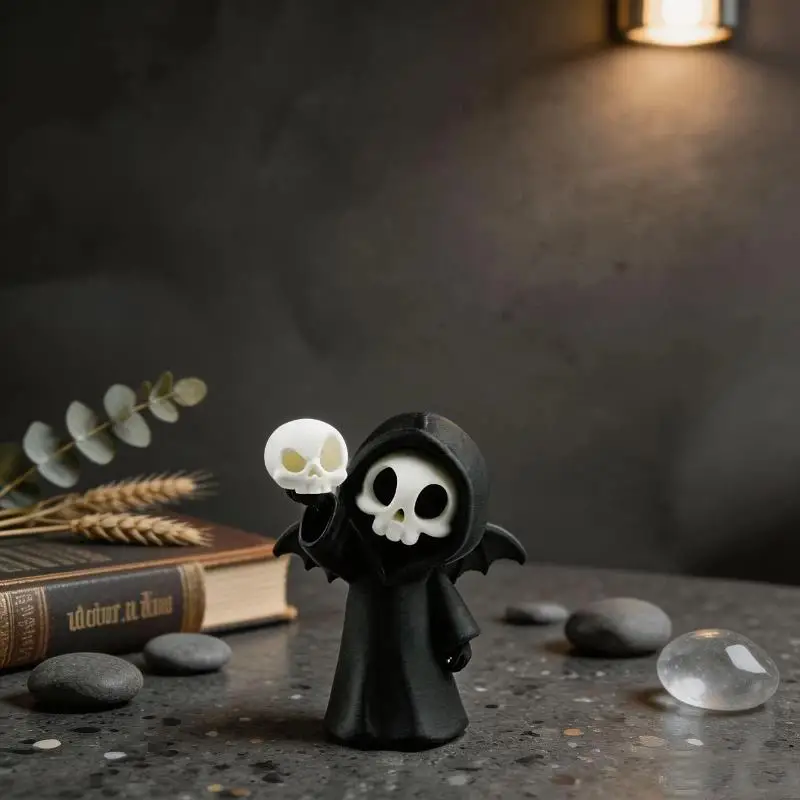 Mini Grim Reaper Resin Figure With Wings, Kawaii Skeleton Statue Holding Skull, Gothic Desktop Ornament For Halloween Party