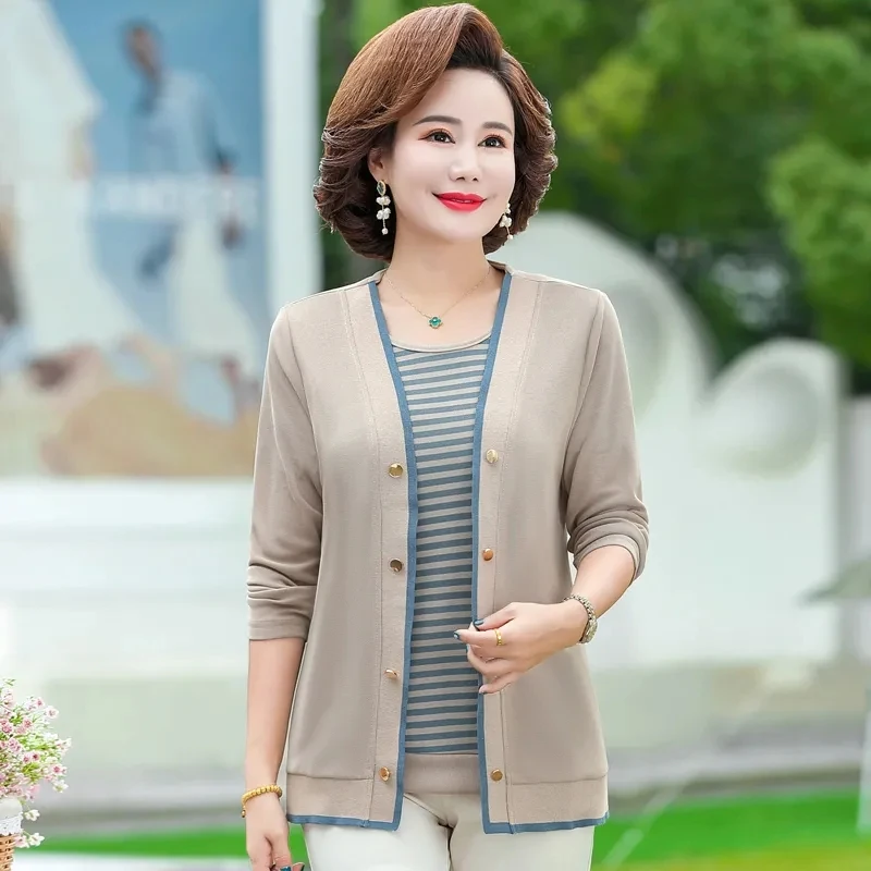 

Middle-Aged Elderly Mom Spring Clothes Women's T-Shirt Top 2024 New Fashion Shawl Jacket @ Short Sleeve T-Shirt Two-Piece 5XL