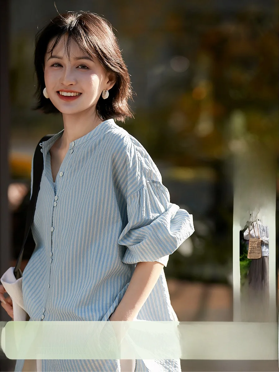 

Blue Roam Lazy Sle round Ne Cotton Silk Loose irt Top Comfortable Breathable Long Sve OL Faion Casual Wear