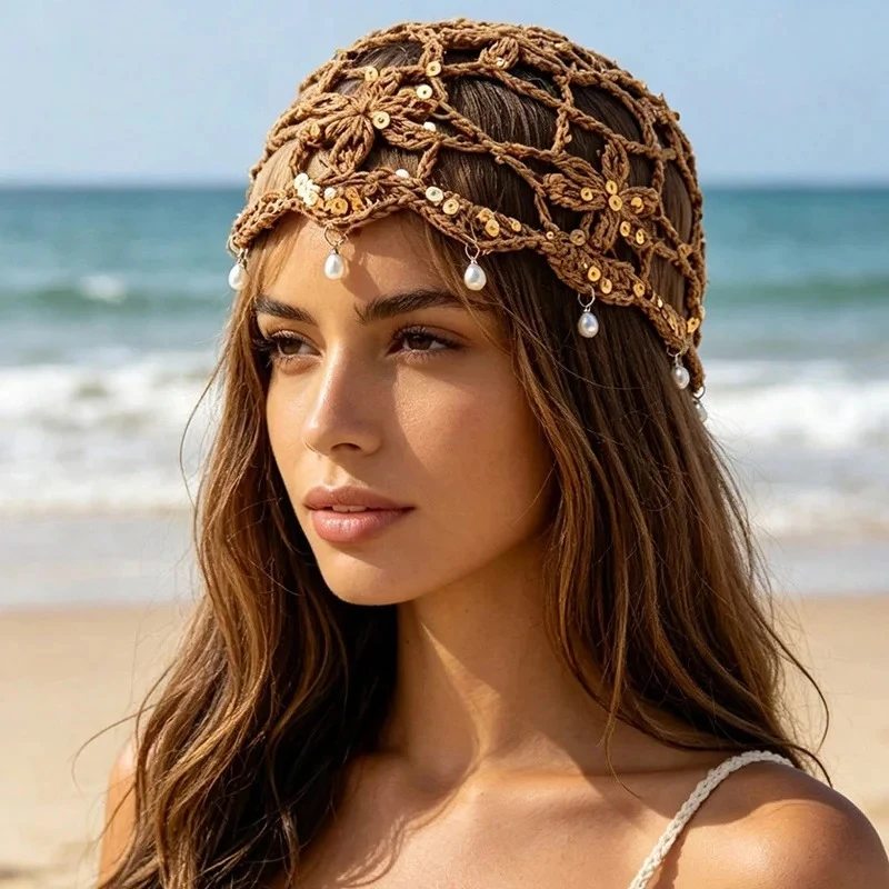 Bohemian Sequined Hollow Flower Knitted Beanies Cap for Women Spring Summer Travel Versatile Retro Pearl Fringed Pullover Hat