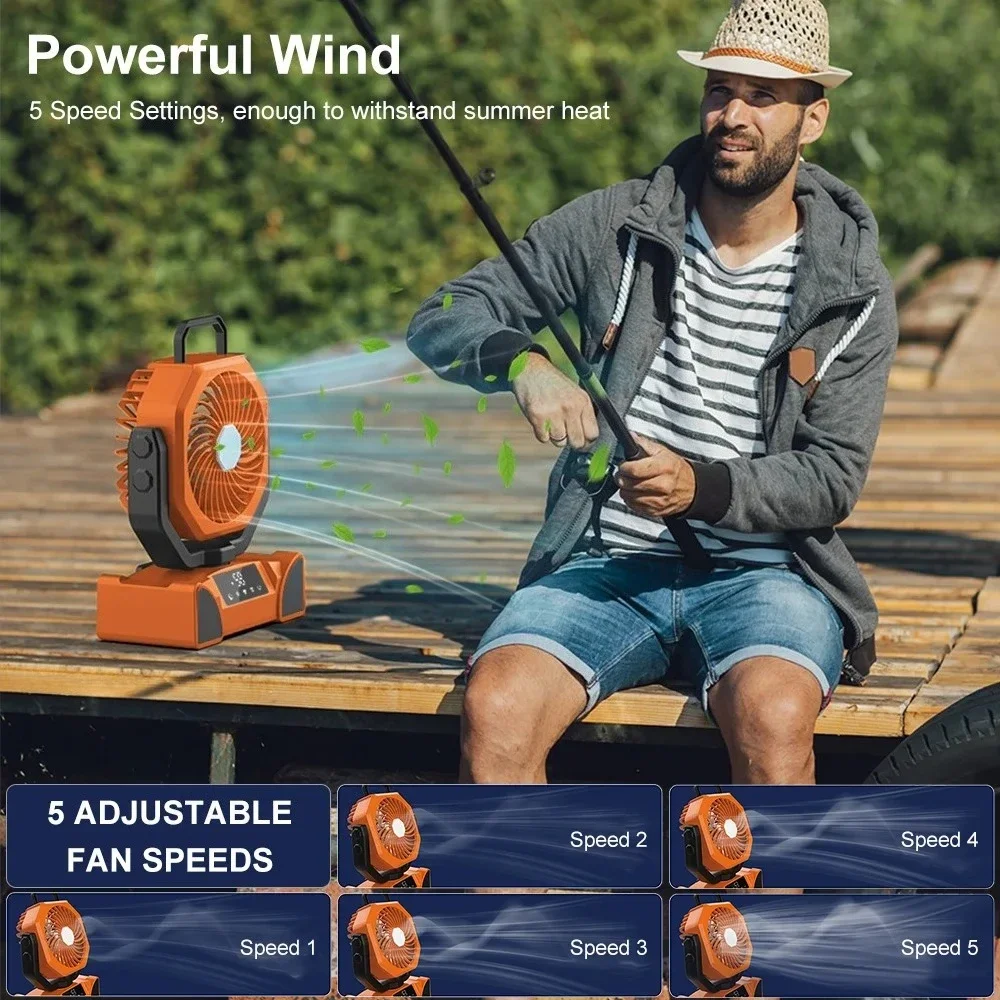 20000mAh بطارية عالية السعة مصباح ليد مروحة التخييم المحمولة اللاسلكية مروحة تبريد الهواء الدوائرية في الهواء الطلق Ventilador مع هوك