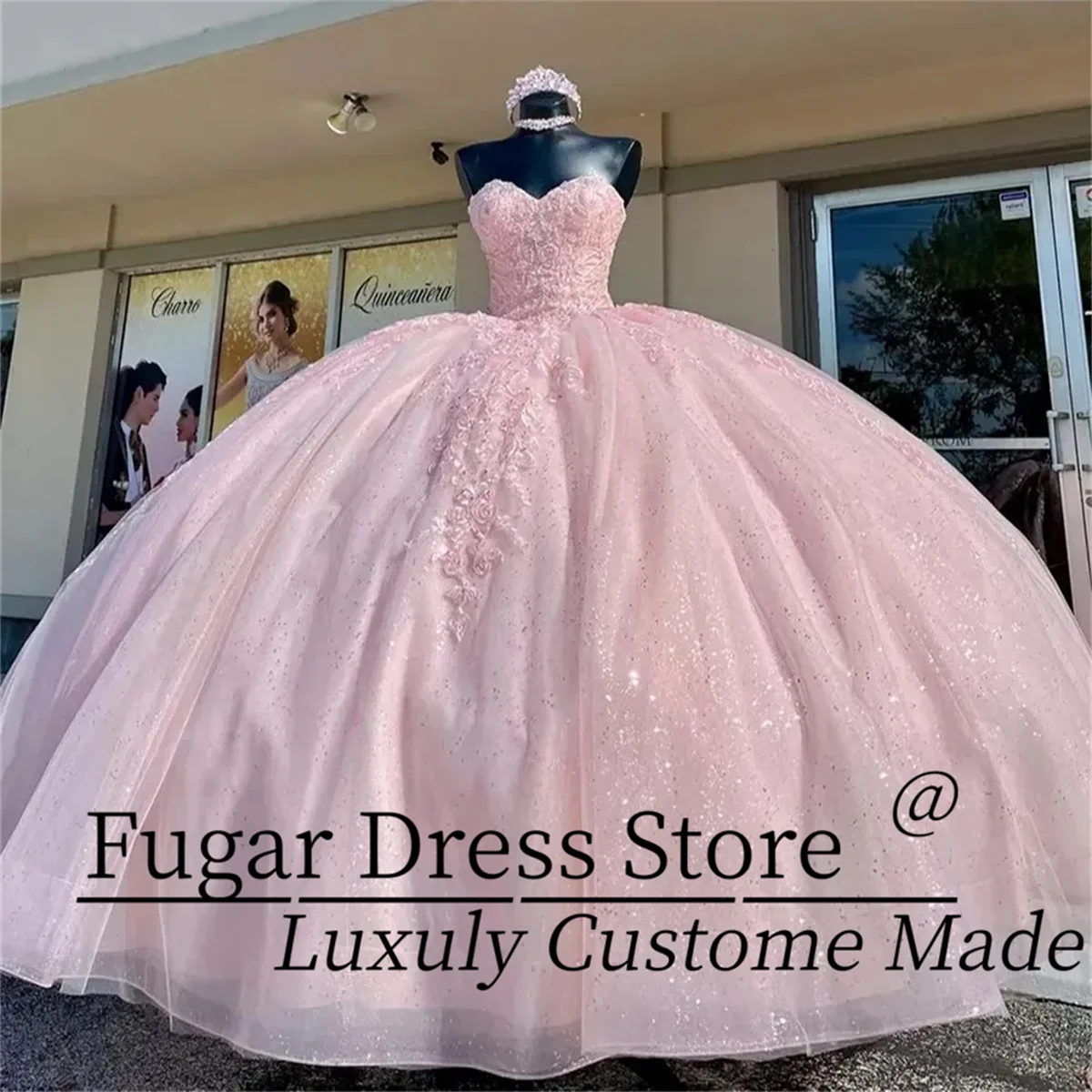 

Pink Quinceanera Dresses Princess Sequins Sweetheart Appliques Ball Gown Sweet 16 Debutante Party Birthday Vestidos De 15 Anos