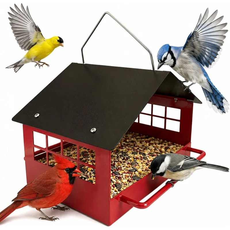 Metal Wild Bird Seed Feeder, Hanging Tray Platform with Drainage Holes, Squirrel Resistant for Cardinal Blue Jay Garden Deck