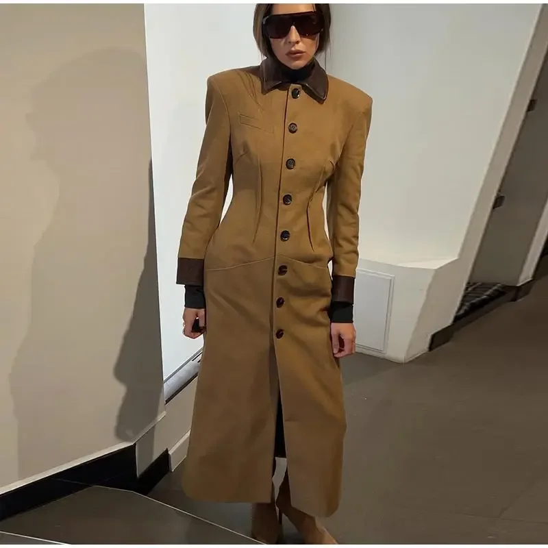 Kunstleder-Patchwork-Wildleder-Taillenbetonte Lange Mäntel für Damen, Street-Style, Reverskragen, Vollarm, Paneelierte Schlanke Jacken, Schicke Damen-Oberbekleidung – Detail 16