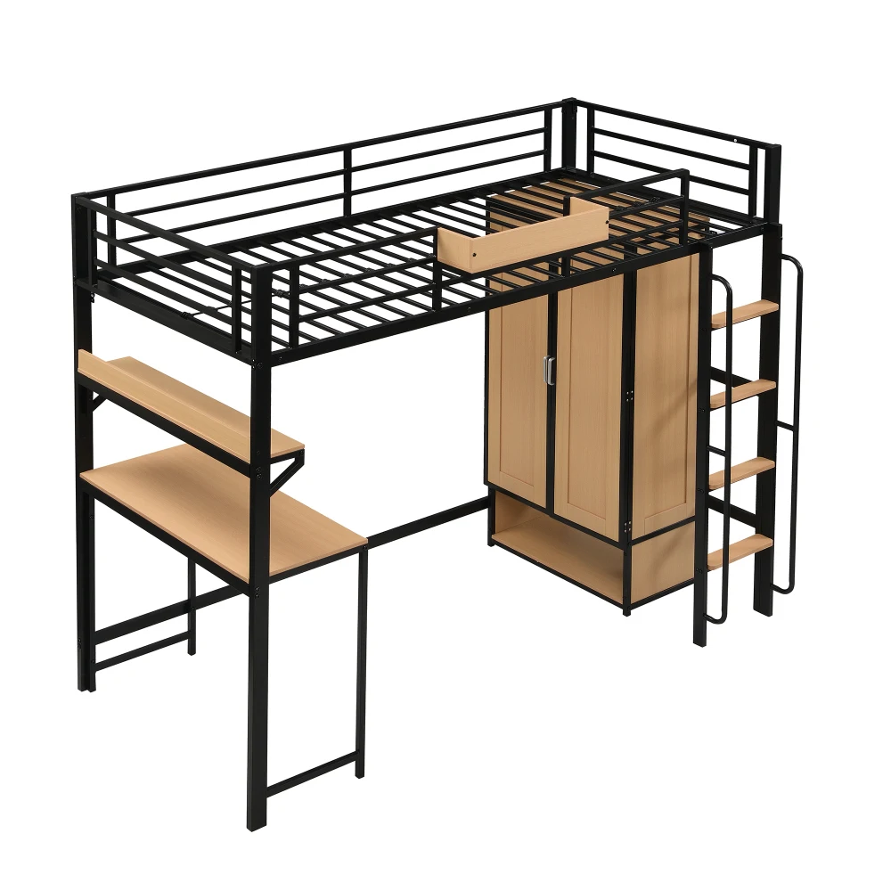 PINGGO Schwarz & Naturfarbenes Eisen-Etagenbett 90x200cm mit Kleiderschrank, Treppe, Schreibtisch, Staufächern, Metall, MDF, ohne Matratze – Detail 11